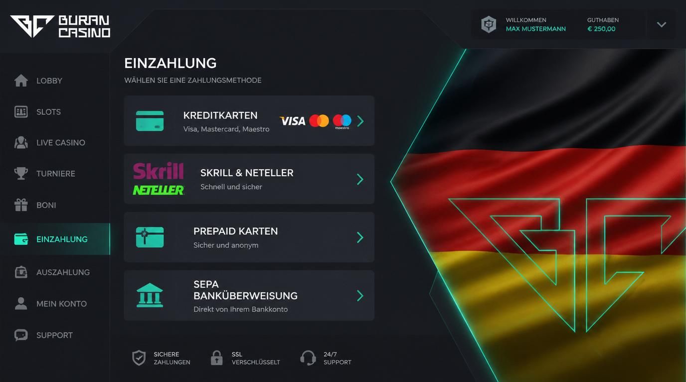 Grafische Darstellung verschiedener Zahlungsmethoden wie Kreditkarten, E-Wallets, Prepaid-Karten und SEPA mit deutschem Flair