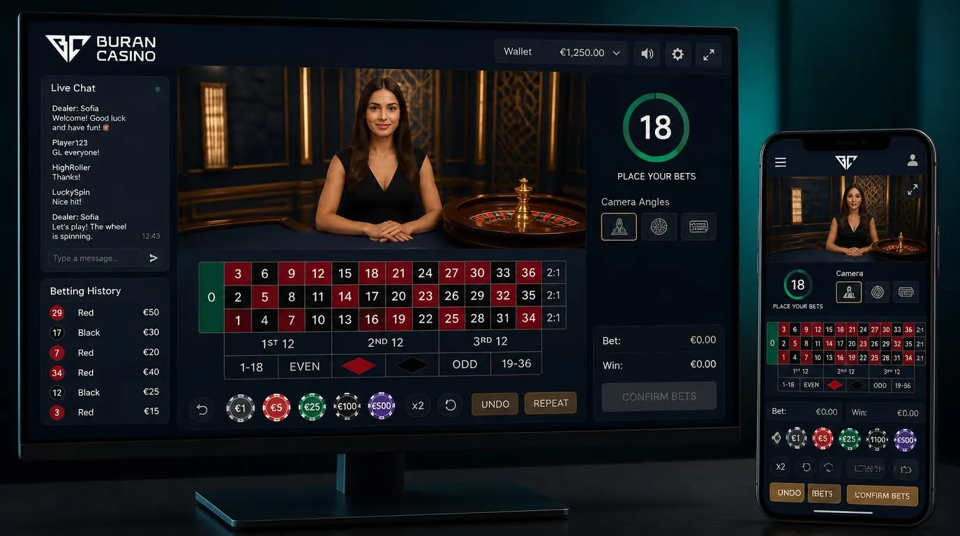 Live-Casino-Oberfläche mit Dealer-Video, Chat, Wetthistorie und übersichtlichen Einsatzfeldern