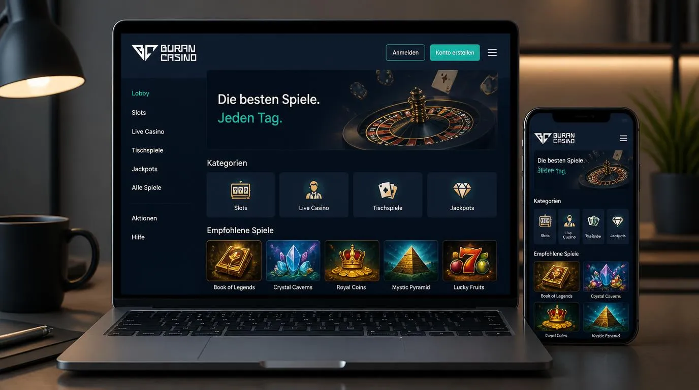 Casino-Oberfläche auf Laptop und Smartphone mit übersichtlicher Spielauswahl