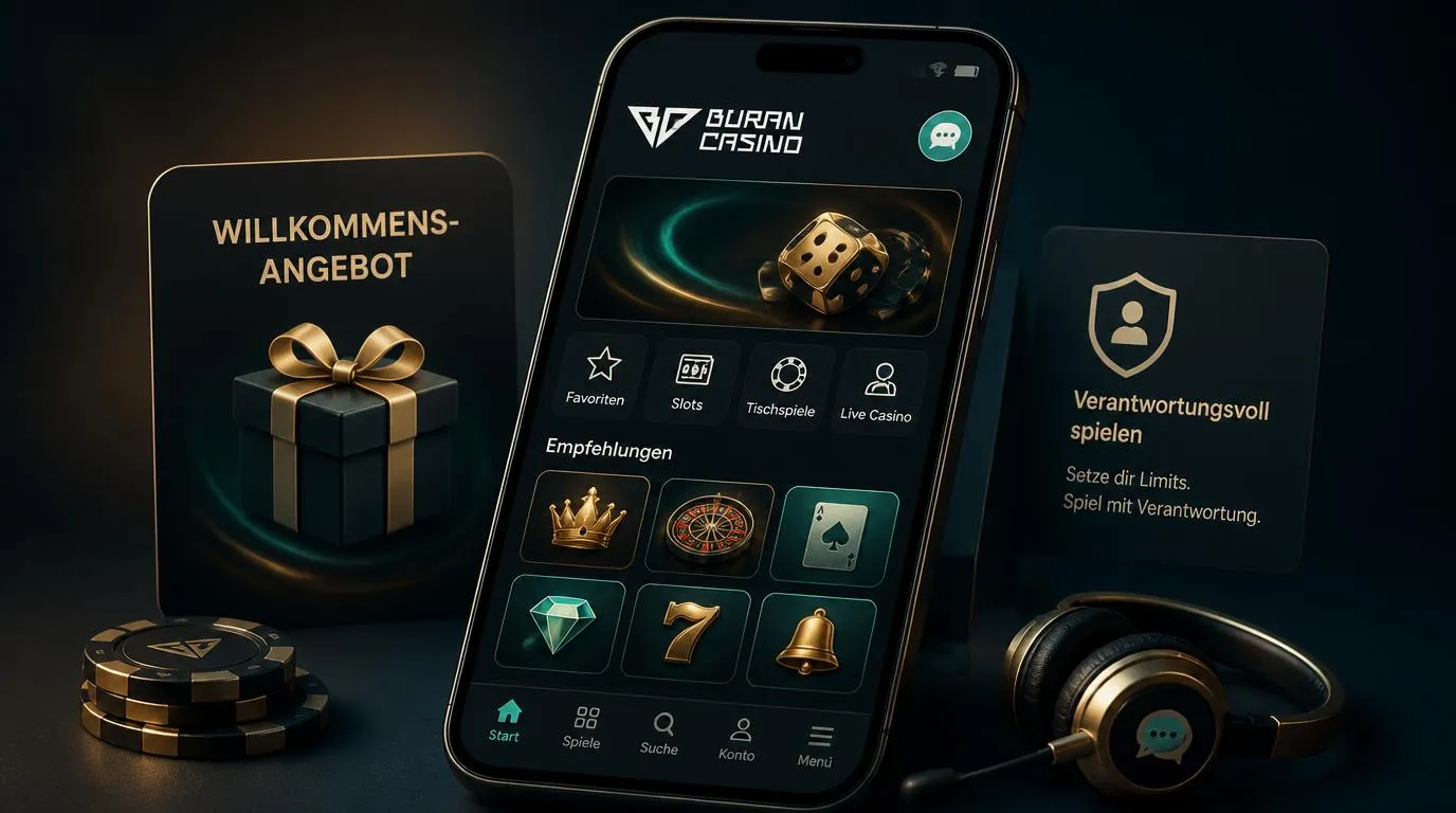 Smartphone mit Casino-Oberfläche neben Bonuskarte und Hinweis auf verantwortungsvolles Spielen